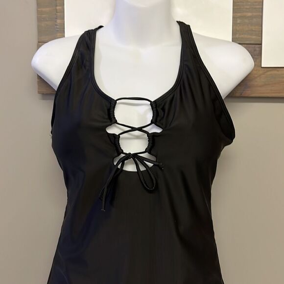 SHEIN Black One Piece Plunging Neckline with Tie and Razorback Swimsuit- Large - Picture 2 of 15